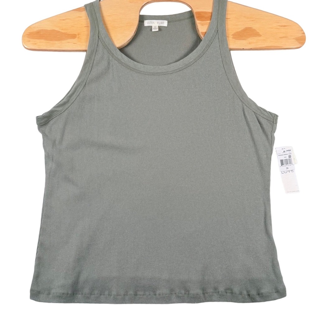 Ultra Flirt Womens 3X Tank Top Sage Green Washed Ribbed Scoop Neck Basic Summer